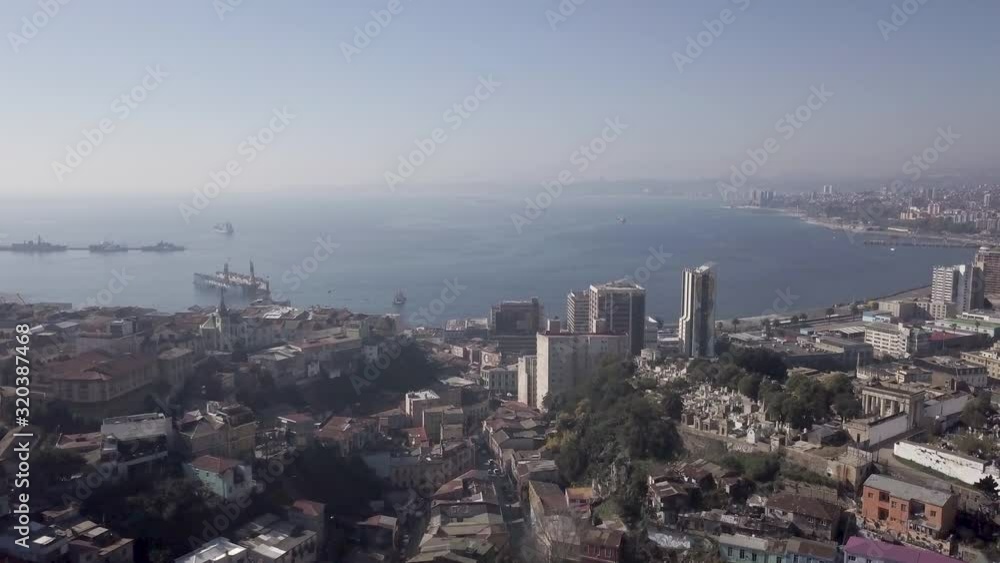 Aerial drone  on the hills in Valparaiso, Chile