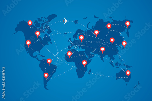 World map with destination marker pins and plane travel routs. Top view airplane with flight paths between continents vector blue illustration