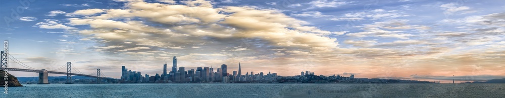 Panoramic view of San Francisco skyline at sunset