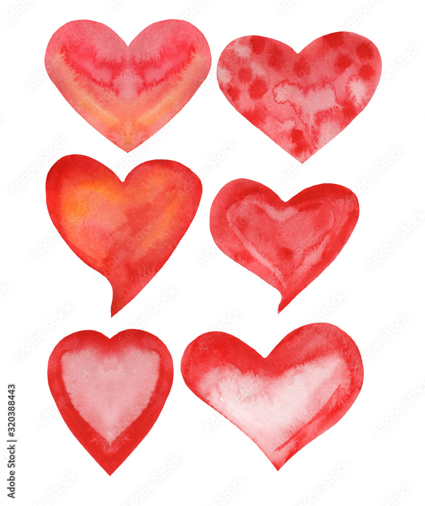 Watercolor illustration of red hearts valentines day, set. Hand-drawn watercolor paints. Great for all types of design.