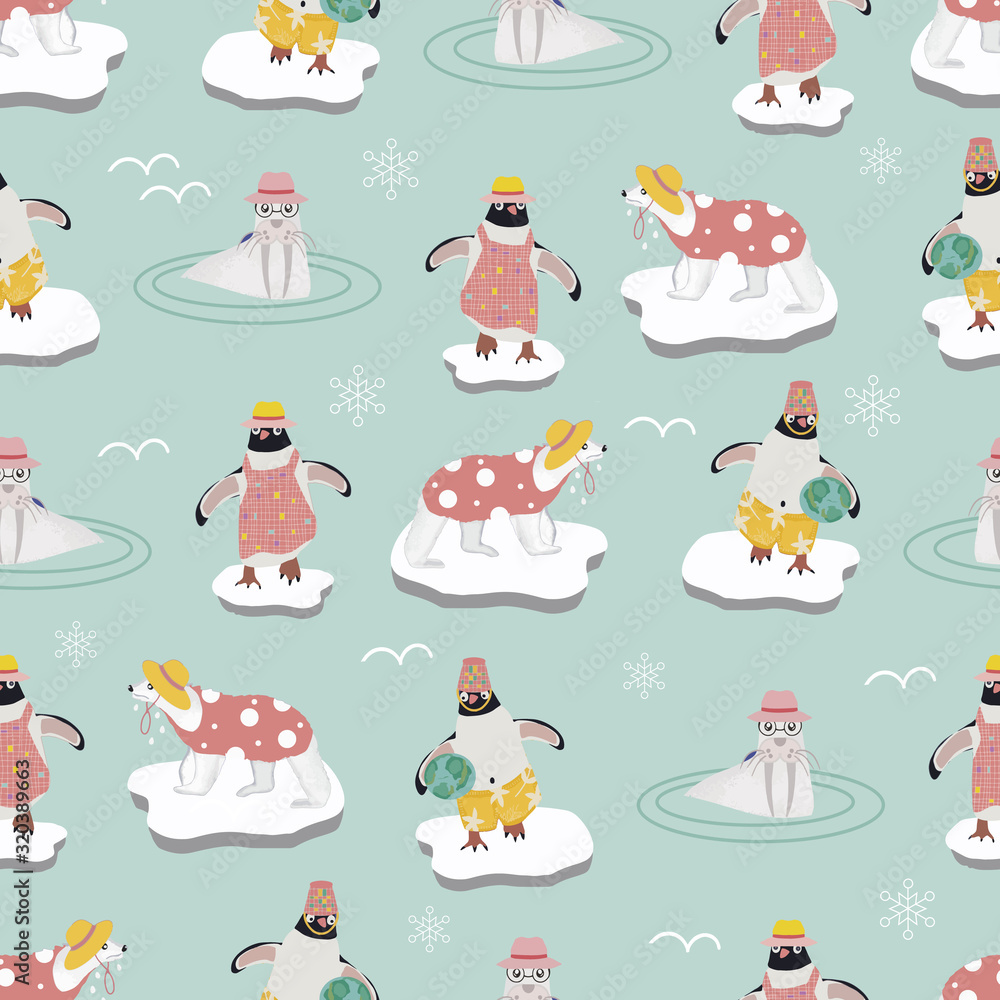 Vector seamless pattern background with penguins, polar bears and walrus.