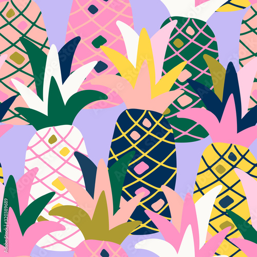 Modern seamless vector tropical colourful pattern with pineapples. Can be used for printing on paper, stickers, badges, bijouterie, cards, textiles. 