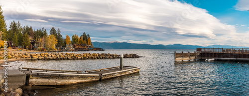 Panoramic view of the houses and docks on the shores of Lake Tahoe from Tahoe Vista