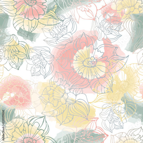 Seamless vector pattern of decorative lined lush daffodils. Can be used for printing on paper  stickers  badges  bijouterie  cards  textiles. 