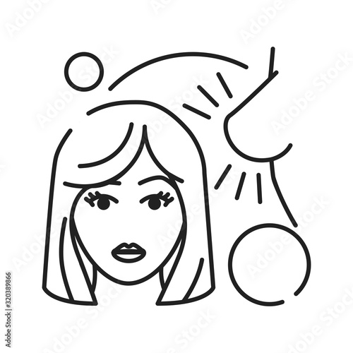 Early pregnancy symptoms: sensitive breasts and darkening nipples black line icon. Pregnant blond woman concept. Motherhood and healthcare. Sign for web page, mobile app, banner. Editable stroke.