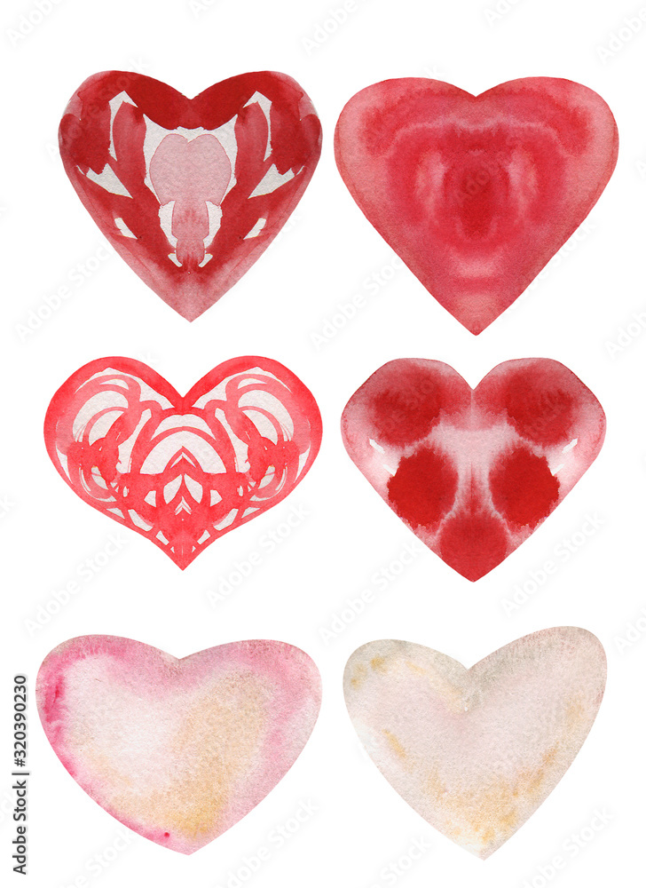Watercolor illustration of a red heart with a texture, set. Hand-drawn watercolor paints. Great for all types of design.
