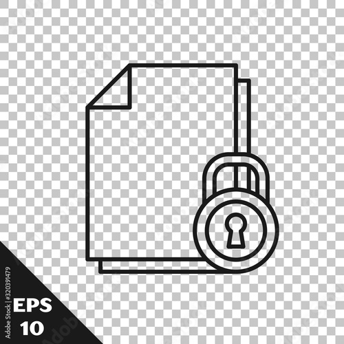 Black line Document and lock icon isolated on transparent background. File format and padlock. Security, safety, protection concept. Vector Illustration