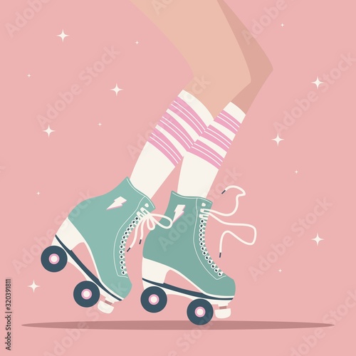 Hand drawn illustration with female legs and tube socks and retro roller skates. Colorful vector illustration