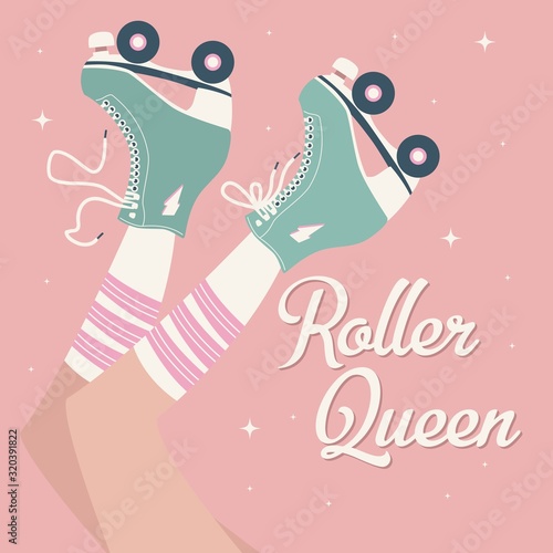 Hand drawn illustration with female legs and tube socks and retro roller skates. Colorful vector illustration