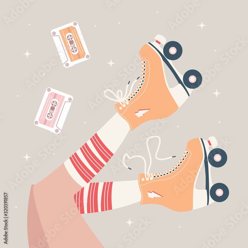 Hand drawn illustration with female legs and tube socks and retro roller skates. Colorful vector illustration