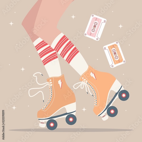 Hand drawn illustration with female legs and tube socks and retro roller skates. Colorful vector illustration