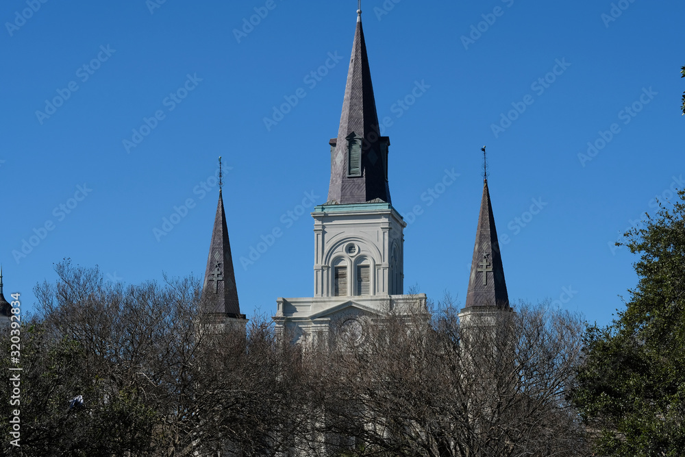 Spires of St. Louis cathedral on Jackson Square in the French Quarter New Orleans