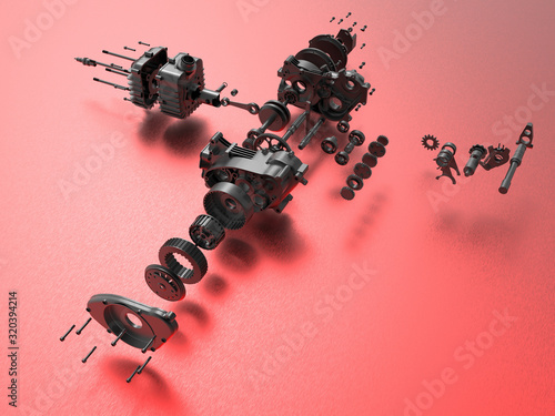 3D rendering - detailed exploded view of a gear box