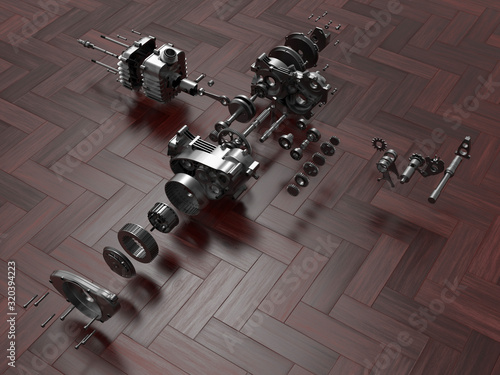 3D rendering - gear reducer components exploded view