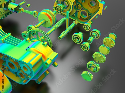 3D rendering - speed gearbox analysis exploded view
