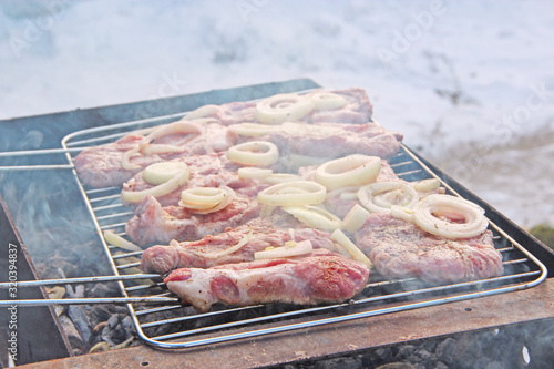Chunks of meat with onions are cooked on barbecue. Cooking meat during picnic