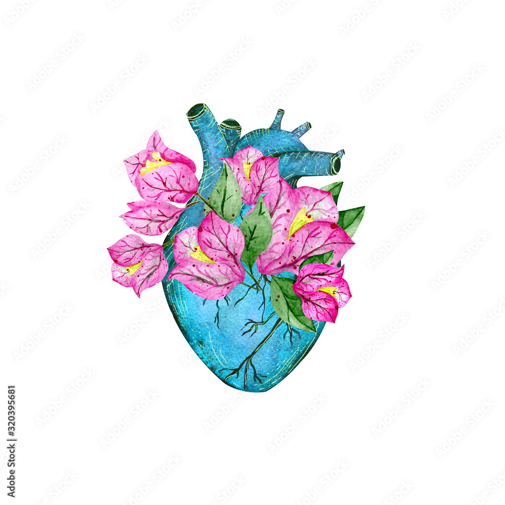 Bright blue blooming anatomical human heart with pink tropical flowers.  Watercolor hand drawn illustration in vintage style. Design for your tattoo,  logo or other. Valentines day card. Stock Illustration | Adobe Stock