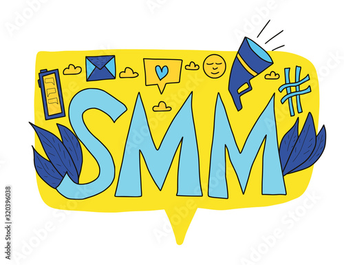 SMM text. Hand drawn social media marketing phrase