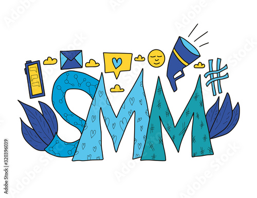 SMM text. Hand drawn social media marketing phrase