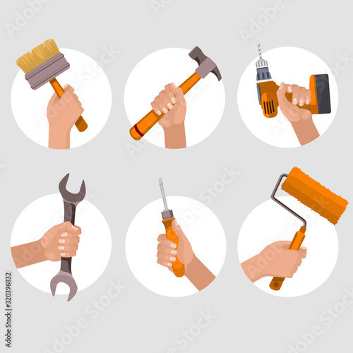 Cartoon Color Different Hands Holding Construction Tools Set. Vector