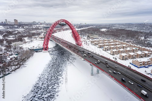 Zhivopisniy bridge, Moscow, Russia. Aerial photo