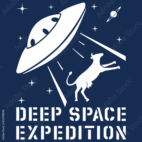 Vector. UFO in a deep space expedition kidnaps a cow and carries her in a beam through the stars, against the backdrop of Saturn. Stencil. Layers good separated.