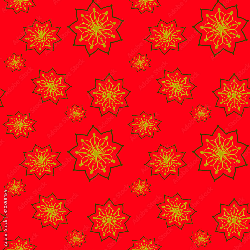 Seamless repeat pattern with yellow flowers in on red background. drawn fabric, gift wrap, wall art design, wrapping paper, background, fabric print, web page backdrop. Seamless repeat pattern with yellow flowers in on red background. drawn fabric, gift wrap, wall art design, wrapping paper, background, fabric print, web page backdrop.