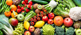 Food background with assortment of fresh organic fruits and vegetables