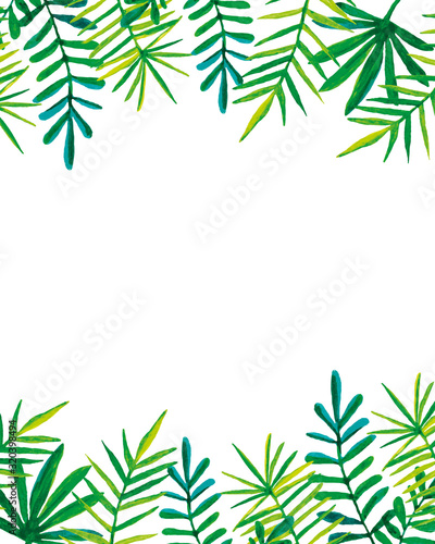 hand drawn tropical palm leaves frame with white board for copy space. postcard invitation