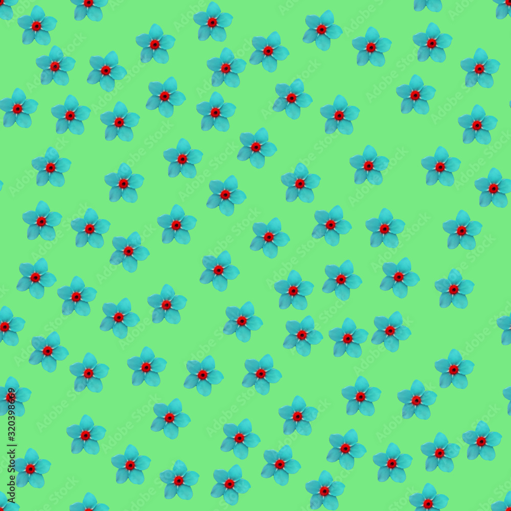 Seamless repeat pattern with turquoise flowers on light green background. drawn fabric, gift wrap, wall art design, wrapping paper, background, fabric print, web page backdrop. Seamless repeat pattern with turquoise flowers on light green background. drawn fabric, gift wrap, wall art design, wrapping paper, background, fabric print, web page backdrop.