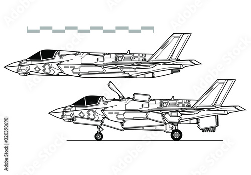 Lockheed Martin F-35B Lightning II. Vector drawing of modern military aircraft. Side view. Image for illustration.