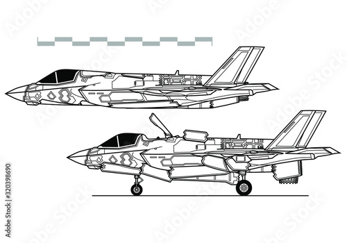 Lockheed Martin F-35B Lightning II. Vector drawing of modern military aircraft. Side view. Image for illustration. photo