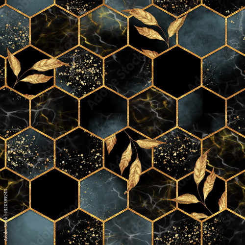 Marble hexagon seamless texture with golden leaves. Abstract background