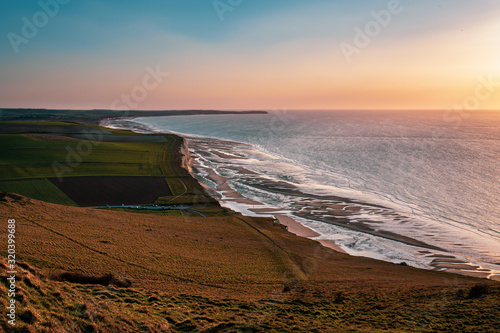 Elevated view from Cap Blanc Nez towards Cap Gris-Nez at the french coast just prior to sunset photo