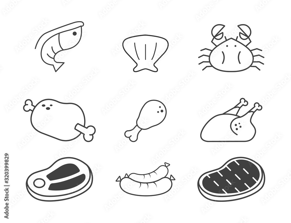 Meat and seafood products vector web icon isolated on white background, EPS 10, top view Meat and seafood products vector web icon isolated on white background, EPS 10, top view