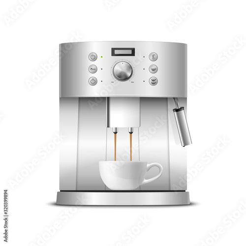 Vector 3d Realistic Modern Metal Chrome Steel Silver Espresso Coffee Machine with White Coffee Mug Closeup Isolated on Transparent Background. Design Template of Coffee Maker, Mockup. Front View