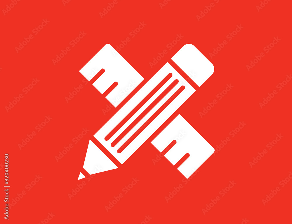 Pencil and ruler. Crossed pencil and ruler vector web icon isolated on red background, EPS 10, top view Pencil and ruler. Crossed pencil and ruler vector web icon isolated on red background, EPS 10, top view
