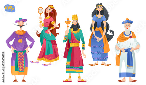 Purim. Jewish holiday. Book of Esther characters and heroes: Achashveirosh, Mordechai, Esther, Haman, Vashti.
