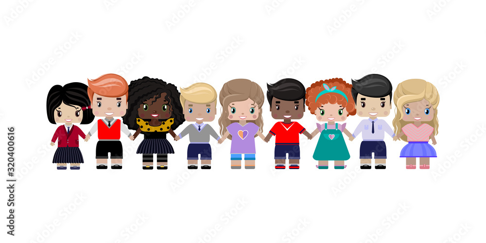 Happy children of different races and colors hold hands and smile. Color vector illustration on white background