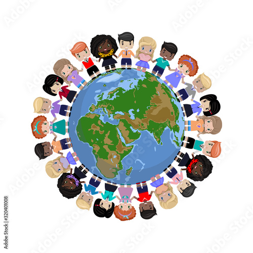 happy children of different races and colors holding hands and standing on the globe, the planet. color vector illustration on white background
