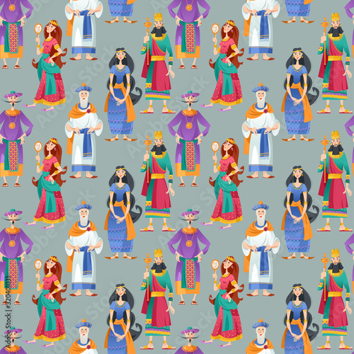 Purim. Jewish holiday. Book of Esther characters and heroes. Seamless background pattern.