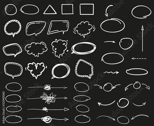 Infographic elements. Abstract arrow on isolated black background. Different objects. Hand drawn tangled arrows. Set of different shapes. Black and white illustration