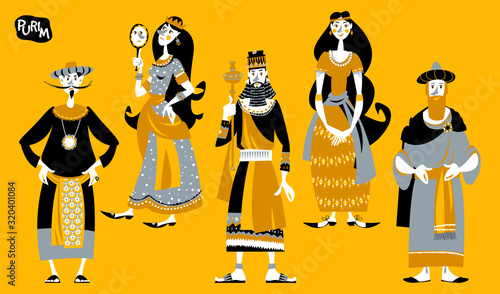Purim. Jewish holiday. Book of Esther characters and heroes: Achashveirosh, Mordechai, Esther, Haman, Vashti.