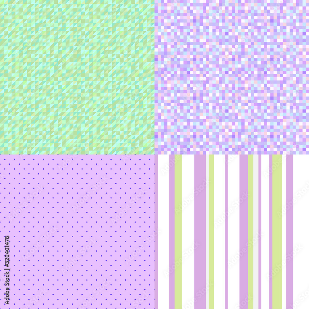 Set of seamless patterns. Stripe backdrop. Checkered background. Seamless dotted texture. Gift wrapping paper