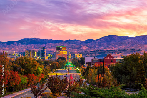 Boise Idaho skyline morning sunrise with light street traffic photo
