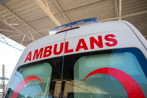 Turkish ambulans (ambulance) car stands near Airport in Antalya