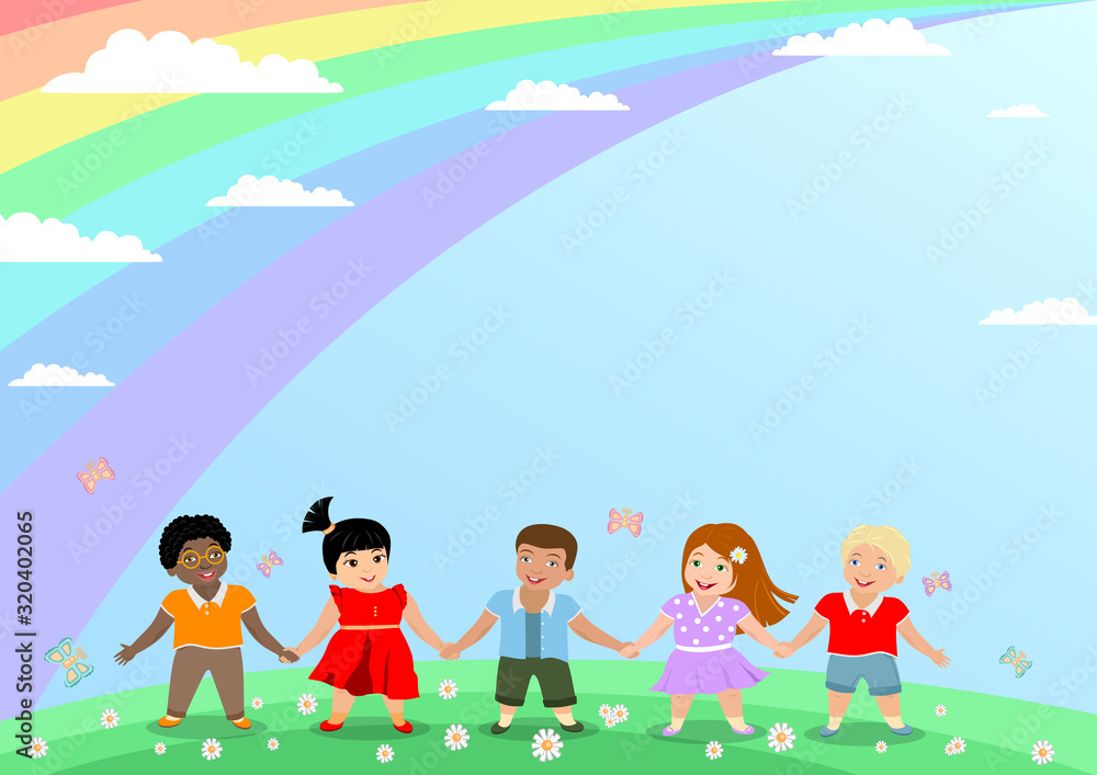 children background, happy children of different world races and skin colors hold hands, smile, standing on the lawn, in the sky the sun and rainbow. Template for announcement, diploma, certificate
