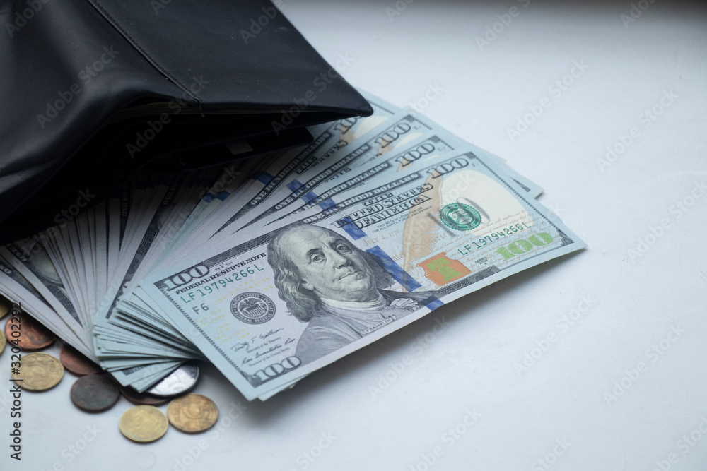 American dollars on a white background. One hundred dollar bills. Coins on the table. I put money in my wallet. Rich. American dollars on a white background. One hundred dollar bills. Coins on the table. I put money in my wallet. Rich.