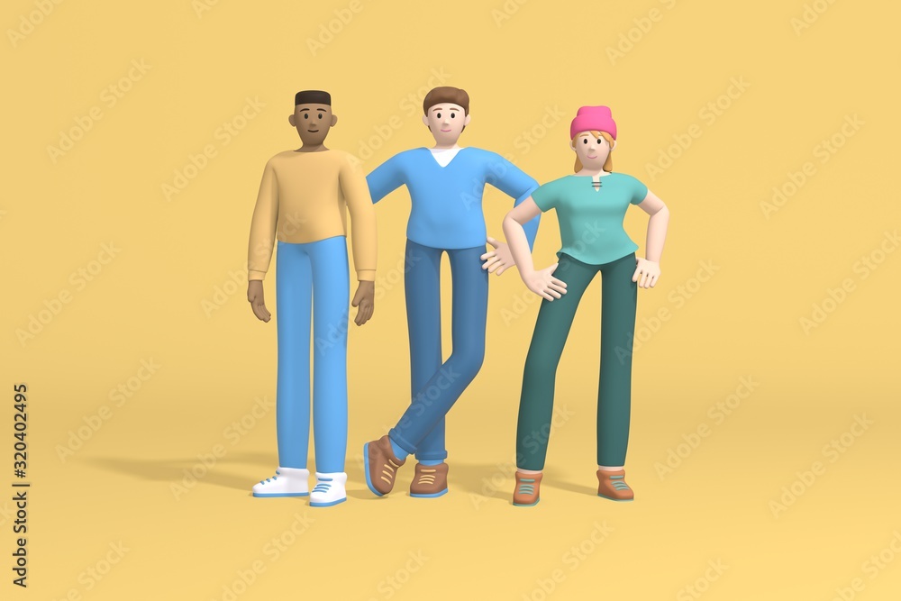3d rendering group portrait of three people: multinational guys and a girl, students, businessmen on a yellow background. Abstract minimal trendy cartoon disproportionate body man concept. 3d rendering group portrait of three people: multinational guys and a girl, students, businessmen on a yellow background. Abstract minimal trendy cartoon disproportionate body man concept.