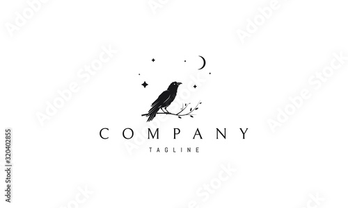 Vector logo on which an abstract image of a raven sitting on a branch.